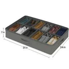 Underbed Shoe Storage Organizer – 12 Pair Compartment Box with Handle